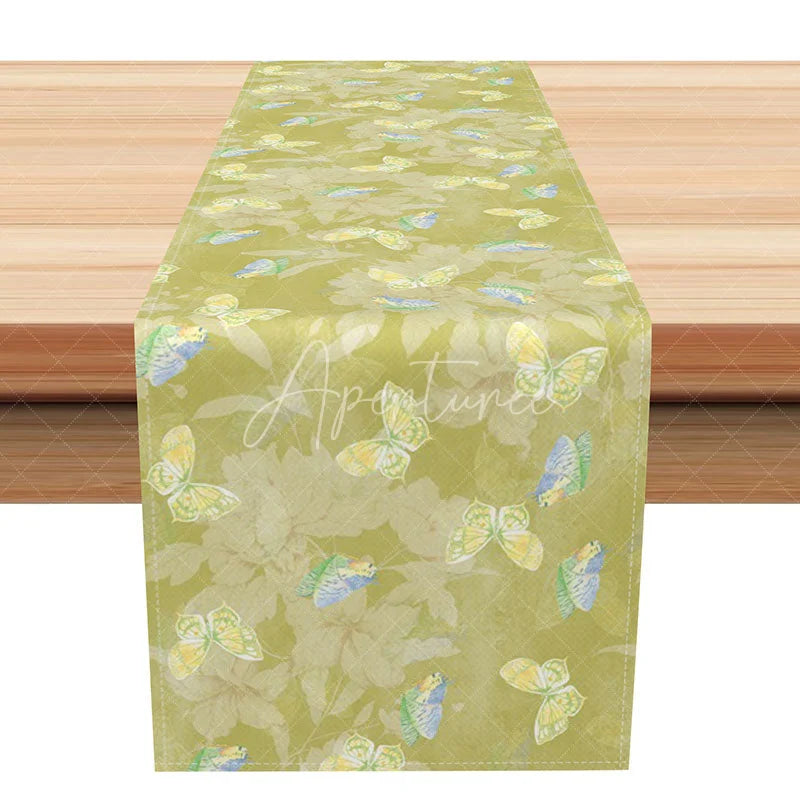 Aperturee - Aperturee Green Butterfly Silhouette Table Runner Modern Botanical Print Farmhouse Kitchen Dining Decor