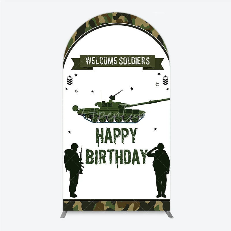 Aperturee - Aperturee Green Camouflage Army Tank Arch Backdrop Kit Welcome Soldiers Happy Birthday Party Decor