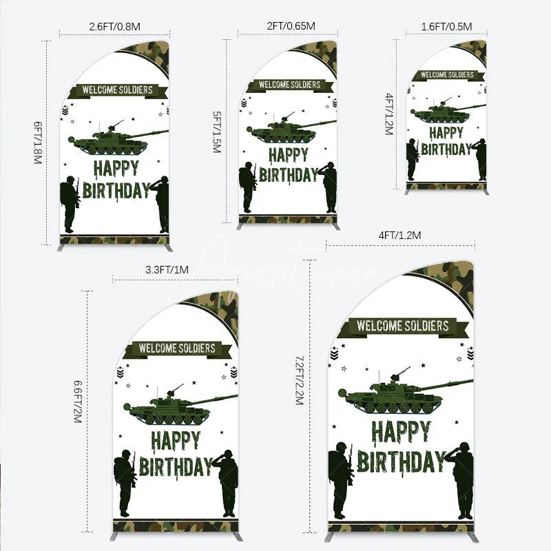 Aperturee - Aperturee Green Camouflage Army Tank Half Moon Arch Backdrop Kit Welcome Soldiers Happy Birthday Party Decor