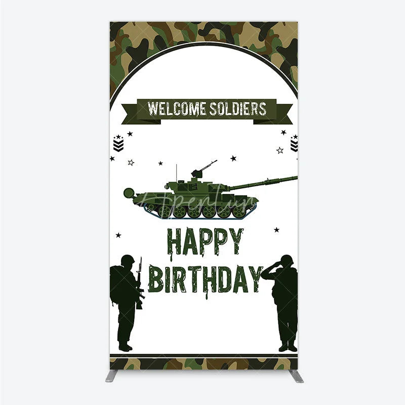 Aperturee - Aperturee Green Camouflage Army Tank Rectangle Backdrop Kit Welcome Soldiers Happy Birthday Party Decor