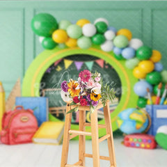 Aperturee - Aperturee Green Chalkboard Back To School Backdrop Math Numbers Globe Balloon Garland Background Student Photography Prop