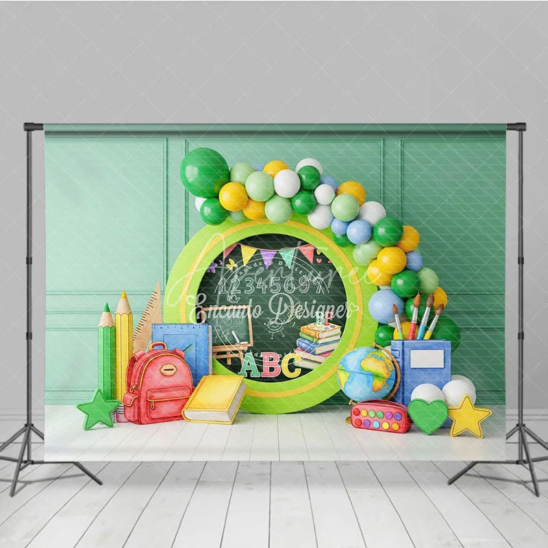 Aperturee - Aperturee Green Chalkboard Back To School Backdrop Math Numbers Globe Balloon Garland Background Student Photography Prop