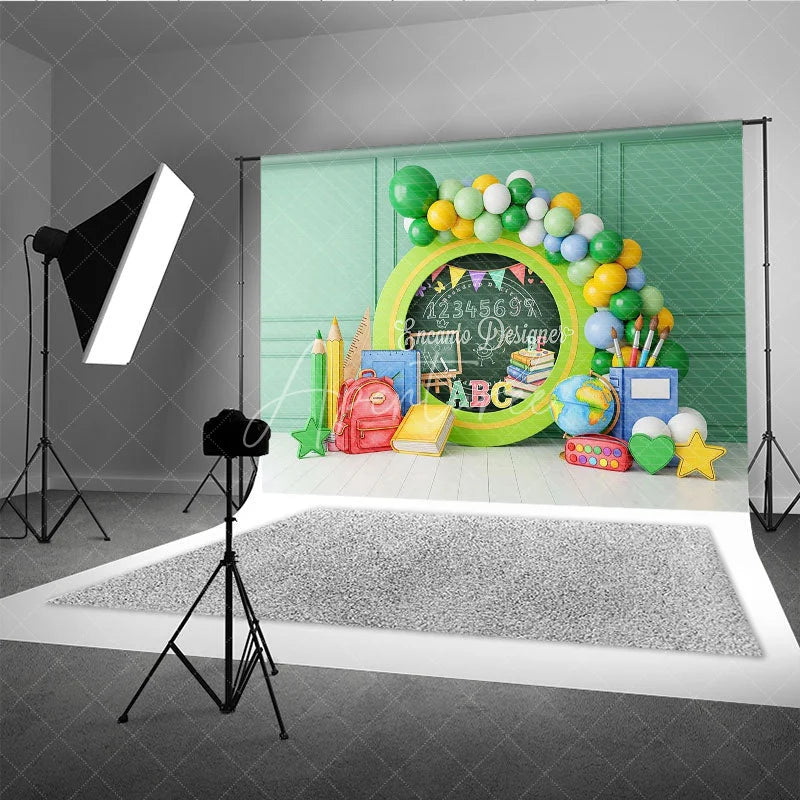 Aperturee - Aperturee Green Chalkboard Back To School Backdrop Math Numbers Globe Balloon Garland Background Student Photography Prop