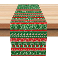 Aperturee - Aperturee Green Christmas Fair Isle Table Runner ’Ugly Sweater’ with Reindeer Red Holiday Dining Decor