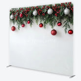 Aperturee - Aperturee Green Christmas Garland with Red Berries and Silver Ornaments Square Double-Sided Backdrop Festive Holiday Decor
