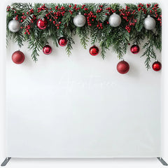 Aperturee - Aperturee Green Christmas Garland with Red Berries and Silver Ornaments Square Double-Sided Backdrop Festive Holiday Decor