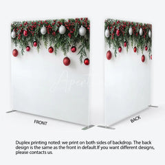 Aperturee - Aperturee Green Christmas Garland with Red Berries and Silver Ornaments Square Double-Sided Backdrop Festive Holiday Decor
