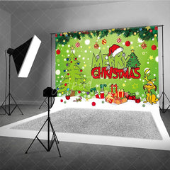 Aperturee - Aperturee Green Christmas Thief Inspired Backdrop for Holiday Party Whoville Cartoon with Dog Merry Grinchmas Photo Booth