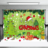Aperturee - Aperturee Green Christmas Thief Inspired Backdrop for Holiday Party Whoville Cartoon with Dog Merry Grinchmas Photo Booth