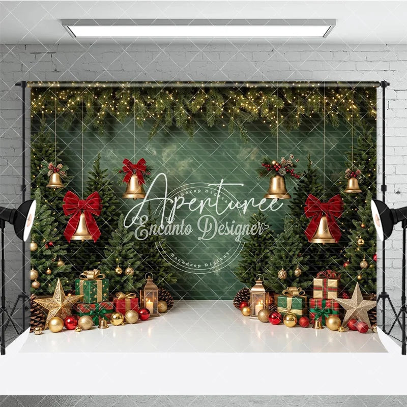 Aperturee - Aperturee Green Christmas Tree Holiday Backdrop with Golden Bells Red Bows and Festive Gifts Winter Party Decor