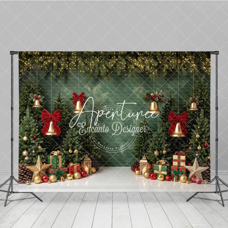 Aperturee - Aperturee Green Christmas Tree Holiday Backdrop with Golden Bells Red Bows and Festive Gifts Winter Party Decor