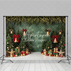 Aperturee - Aperturee Green Christmas Tree Holiday Backdrop with Golden Bells Red Bows and Festive Gifts Winter Party Decor