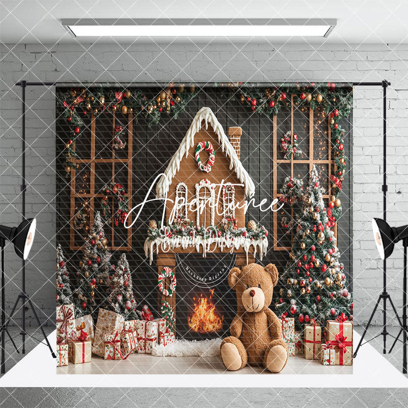 Aperturee - Aperturee Green Christmas Wall Fireplace Bear Room Set Backdrop
