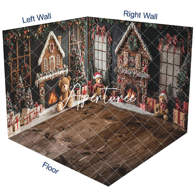 Aperturee - Aperturee Green Christmas Wall Fireplace Bear Room Set Backdrop