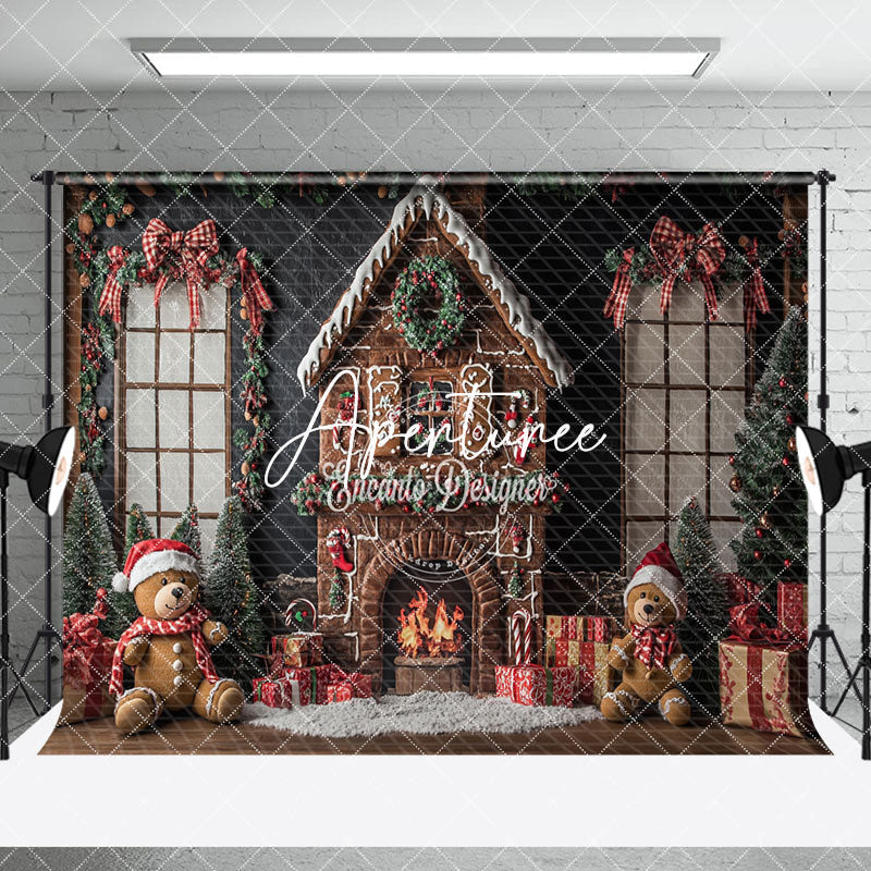 Aperturee - Aperturee Green Christmas Wall Fireplace Bear Room Set Backdrop