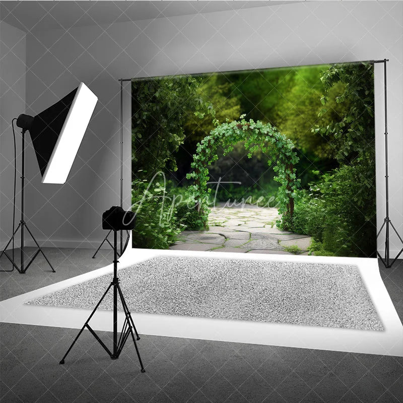 Aperturee - Aperturee Green Clover Archway Photography Backdrop with Stone Path Lush Garden Scenery for Portraits