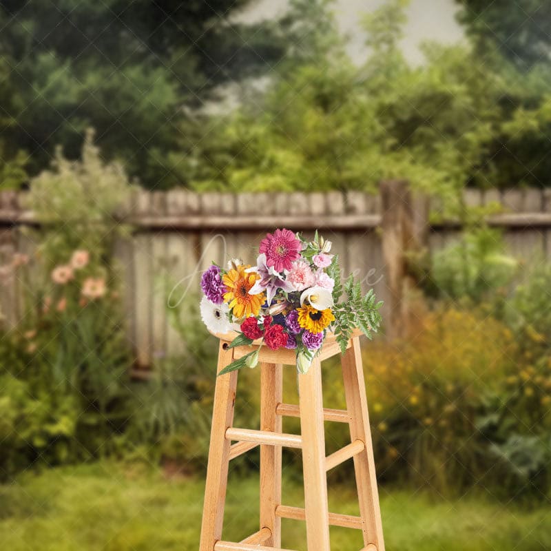 Aperturee - Aperturee Green Fence Backyard Spring Photography Backdrop