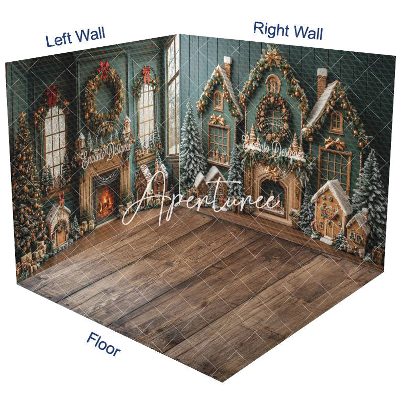 Aperturee - Aperturee Green Festive Christmas Fireplace Room Set Backdrop
