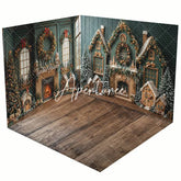 Aperturee - Aperturee Green Festive Christmas Fireplace Room Set Backdrop