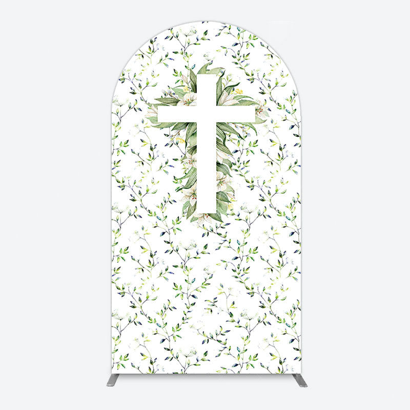 Aperturee - Aperturee Green Flower Cross God Bless Baptism Arch Backdrop