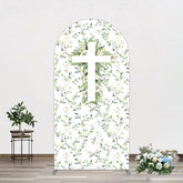 Aperturee - Aperturee Green Flower Cross God Bless Baptism Arch Backdrop