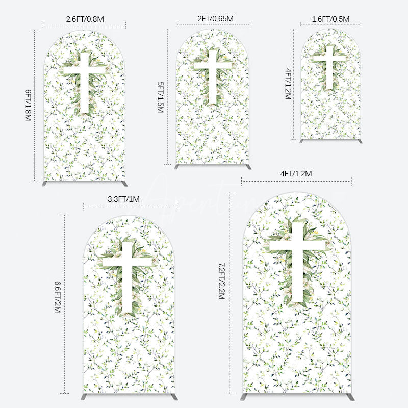 Aperturee - Aperturee Green Flower Cross God Bless Baptism Arch Backdrop