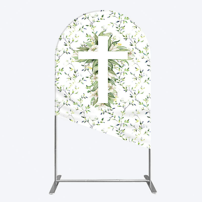 Aperturee - Aperturee Green Flower Cross God Bless Baptism Arch Backdrop