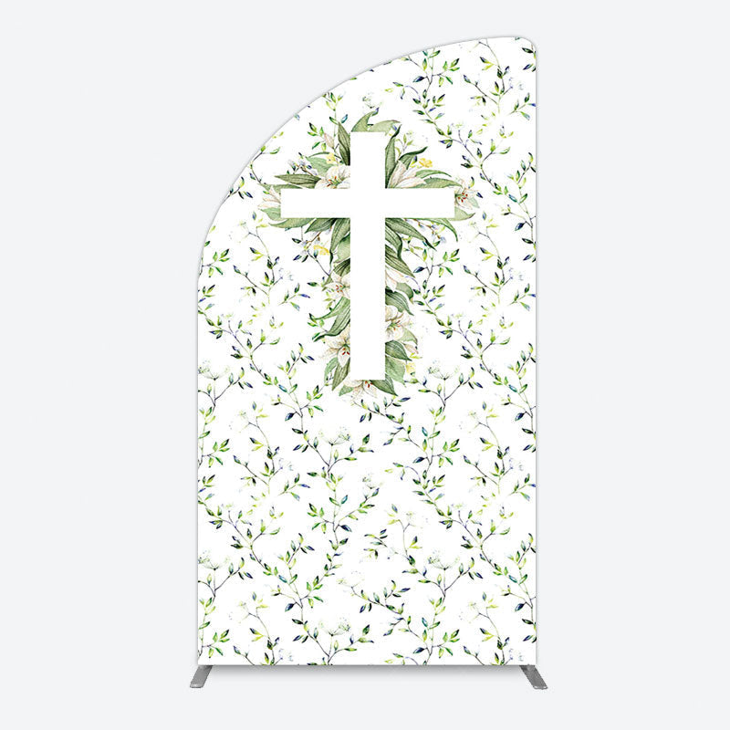 Aperturee - Aperturee Green Flower Cross God Bless Baptism Half Moon Arch Backdrop