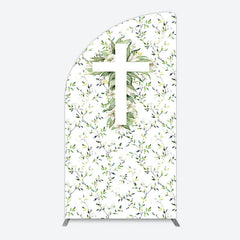 Aperturee - Aperturee Green Flower Cross God Bless Baptism Half Moon Arch Backdrop