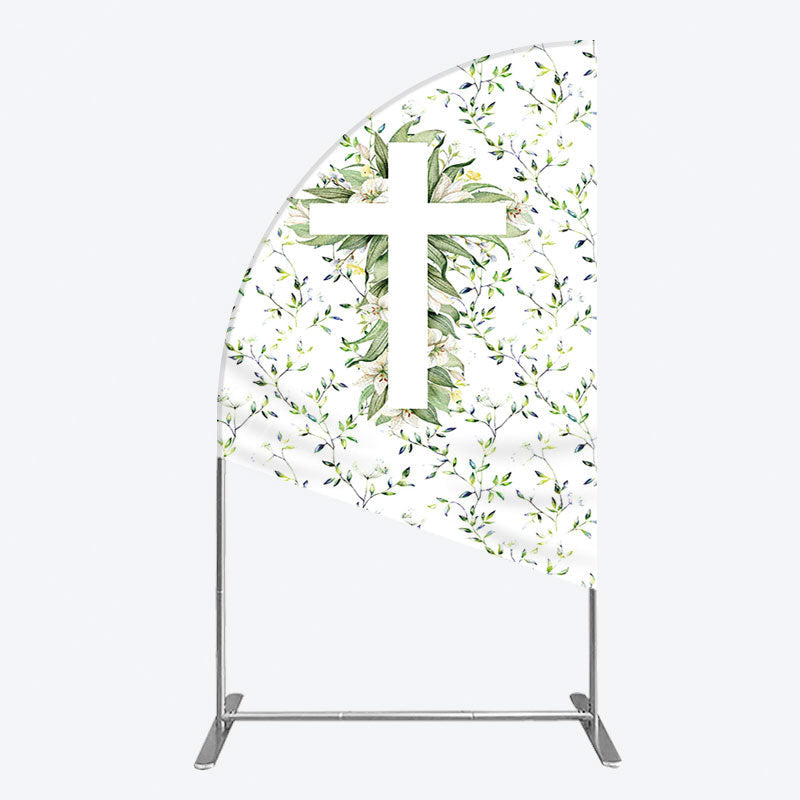 Aperturee - Aperturee Green Flower Cross God Bless Baptism Half Moon Arch Backdrop