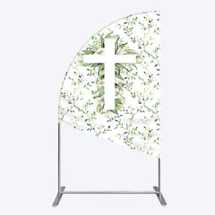 Aperturee - Aperturee Green Flower Cross God Bless Baptism Half Moon Arch Backdrop