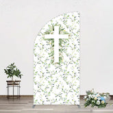 Aperturee - Aperturee Green Flower Cross God Bless Baptism Half Moon Arch Backdrop