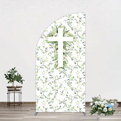 Aperturee - Aperturee Green Flower Cross God Bless Baptism Half Moon Arch Backdrop
