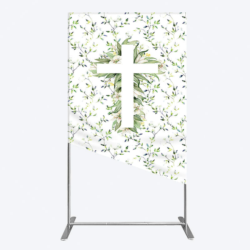 Aperturee - Aperturee Green Flower Cross God Bless Baptism Rectangle Backdrop