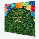 Aperturee - Aperturee Green Foliage Happy Mother’s Day Square Double-Sided Backdrop with Colorful Paper Flowers and Golden Leaves