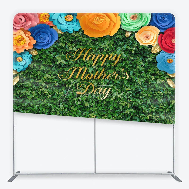 Aperturee - Aperturee Green Foliage Happy Mother’s Day Square Double-Sided Backdrop with Colorful Paper Flowers and Golden Leaves