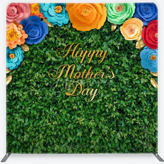 Aperturee - Aperturee Green Foliage Happy Mother’s Day Square Double-Sided Backdrop with Colorful Paper Flowers and Golden Leaves