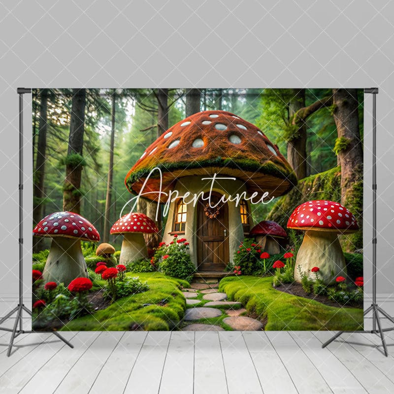 Aperturee - Aperturee Green Forest Fairy Tale Mushroom House Photo Backdrop