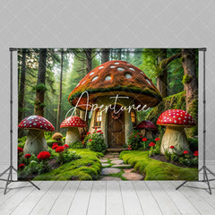 Aperturee - Aperturee Green Forest Fairy Tale Mushroom House Photo Backdrop