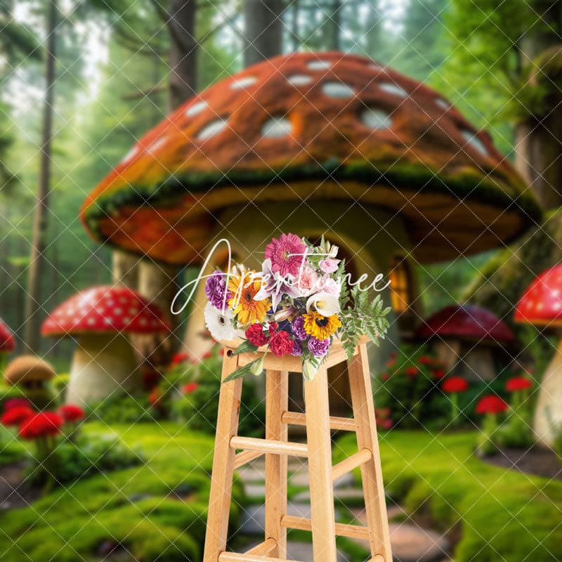 Aperturee - Aperturee Green Forest Fairy Tale Mushroom House Photo Backdrop