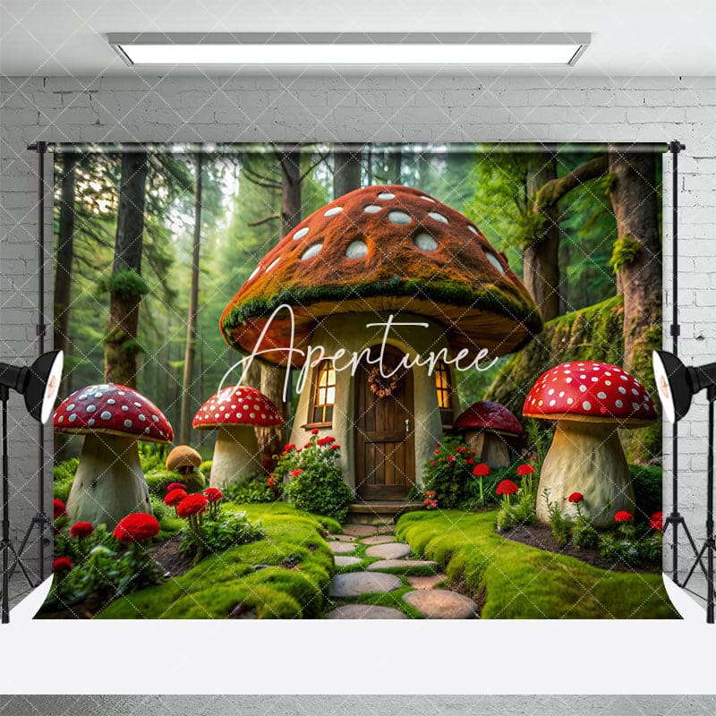 Aperturee - Aperturee Green Forest Fairy Tale Mushroom House Photo Backdrop