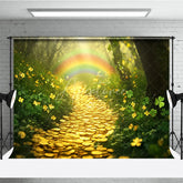 Aperturee - Aperturee Green Forest Photography Backdrop with Rainbow Gold Coin Path and Lucky Clovers Enchanted Scenery