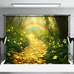 Aperturee - Aperturee Green Forest Photography Backdrop with Rainbow Gold Coin Path and Lucky Clovers Enchanted Scenery