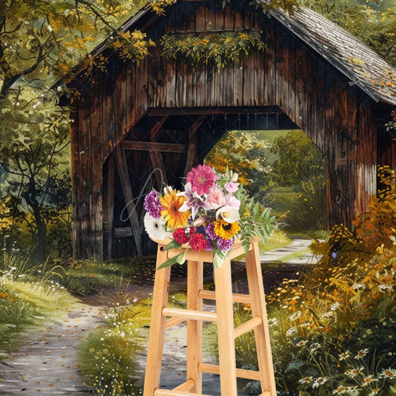Aperturee - Aperturee Green Forest Summer Covered Bridge Photo Backdrop