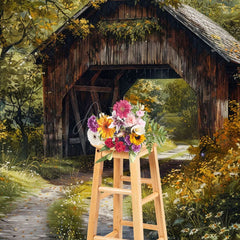 Aperturee - Aperturee Green Forest Summer Covered Bridge Photo Backdrop