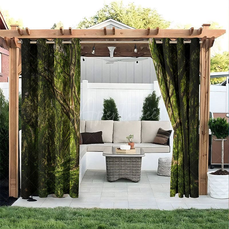 Aperturee - Aperturee Green Forest Waterproof Printed Outdoor Curtains