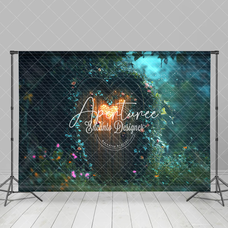 Aperturee - Aperturee Green Forest Wood Heart Door Valentines Day Backdrop