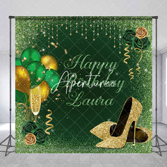 Aperturee - Aperturee Green Glitter Rose Custom Name Birthday Backdrop