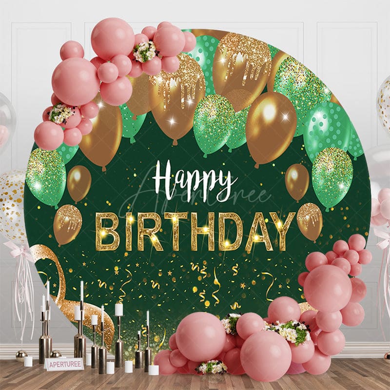 Aperturee - Aperturee Green Gold Glitter Balloons Round Birthday Backdrop