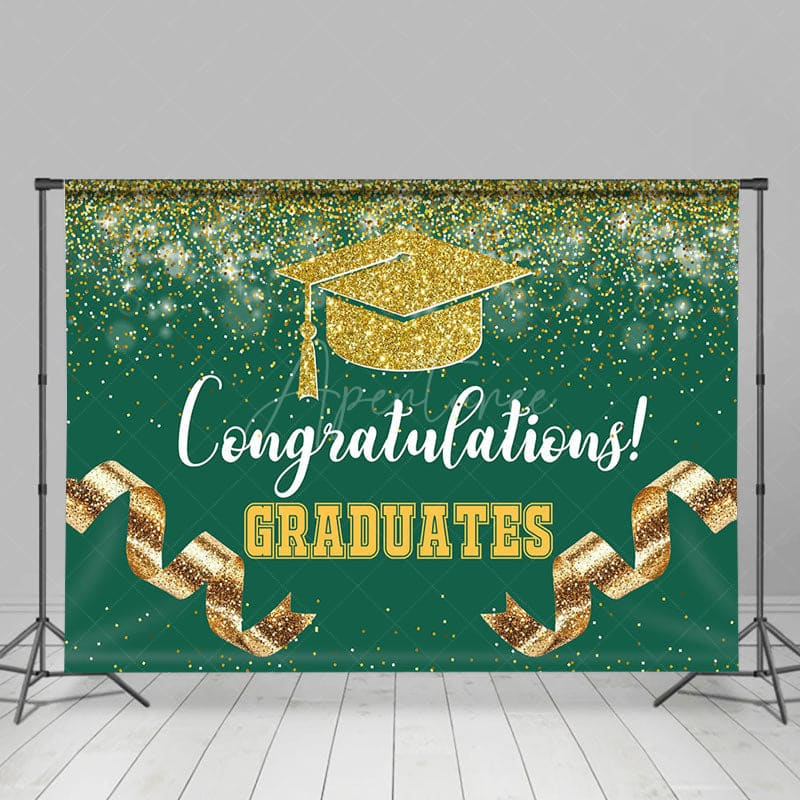 Aperturee - Aperturee Green Gold Glitter Ribbons Congrats Grad Backdrop